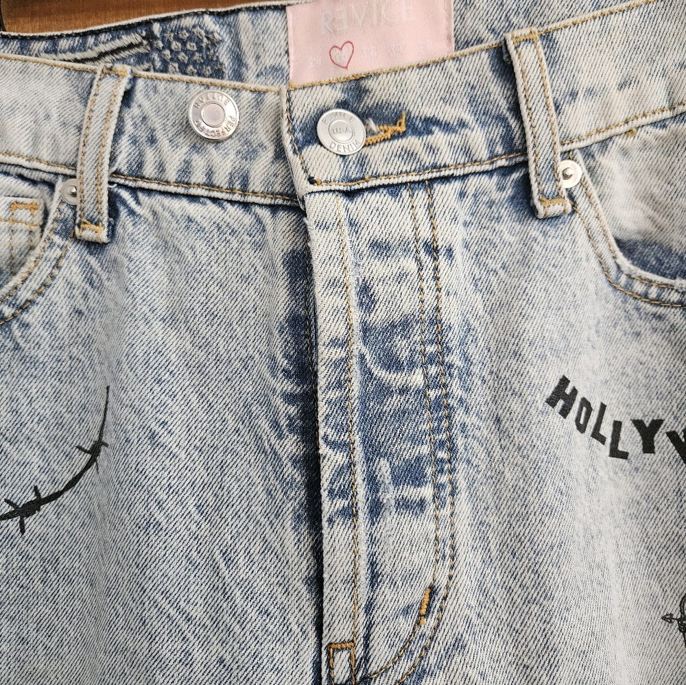 Revice Denim Jeans Sz 25 Distressed Graphics Hollywood Snake Rose Los Angeles - Picture 4 of 10